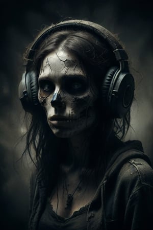 Create an image of a mysterious skull woman looking at the camera, with obscured facial features, wearing large textured headphones and tattered clothing. The figure should have loose dark hair and be surrounded by subtle dark tones that highlight its silhouette without overwhelming details. Include elements such as wires or cables to add complexity to the composition.