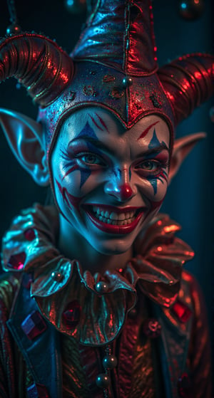 A fun portrait of a gremlin with a mischievous expression, wearing Halloween makeup. It's nighttime on Halloween, and the atmosphere is gloomy and dark, with a triad color palette of dark blue and maroon that harmonize perfectly. The gremlin is wearing a Halloween jester costume, with extravagant and colorful details, including bells and diamond patterns, that highlight his comical and sinister appearance at the same time. The dim light creates shadows that enhance his face and makeup, giving him a playful and scary touch on Halloween night.