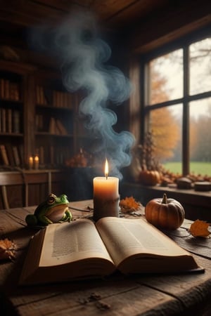 Imagine a candle smoking on a brown wooden table. The smoke from the candle fills the air and the steam rises in spirals. You can add details like a frog resting on the edge of the candle, an open book next to the candle, or a view from the window showing an autumn landscape.