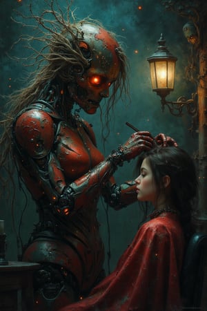 "A hairdressing robot scarecrow, cutting a young woman's hair, in a gloomy environment with maroon and olive green colors.",

"style": "Dark and gloomy style",
"technique": "Use of expressive and dynamic brush strokes, with a focus on texture and lighting.",
"colors": "Maroon and olive green colors, with a color palette: Maroon, Olive Green, Dark Blue, Black",
"details": "The hairdressing robot scarecrow has a mechanical and robotic appearance, with lights and screens flashing on its body. The young woman has an expression of anxiety and fear, while the hairdressing robot scarecrow has an expression of concentration and precision. The environment is gloomy and dark, with shadows creating an effect of mystery and tension.",
"lighting": "The lighting is dramatic and expressive, with lights and shadows highlighting the figure of the hairdressing robot scarecrow and the atmosphere gloomy. The maroon and olive green colours create an effect of complementarity and harmony."