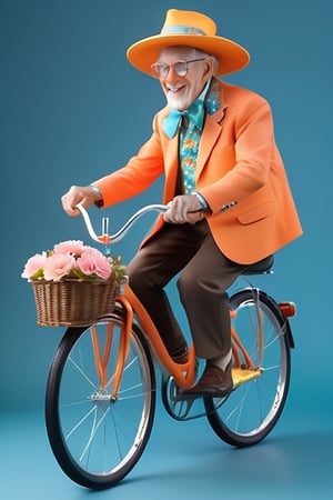 Create an image of an elderly animated character riding an orange bicycle with silver accents. The character should have exaggerated features for artistic effect and wear brown trousers, a teal floral-patterned shirt, and a large blue hat decorated with pink and yellow flowers. Include a basket filled with matching flowers attached to the rear of the bicycle against a gradient gray background that transitions from dark at the bottom to light at the top.
