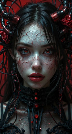 A woman with a cracked face and body, showing white textures that contrast against her skin, as if she were made of broken porcelain. She is dressed as a robotic witch, with mechanical details and cables that blend with a dark and sinister outfit. The environment is gloomy and dark, dimly lit to highlight the cracks and white textures on her skin. The color palette is triad, with maroon as the main color, accompanied by harmonious tones that emphasize the disturbing and mystical atmosphere. Her expression is enigmatic, capturing an aura between the supernatural and the robotic.