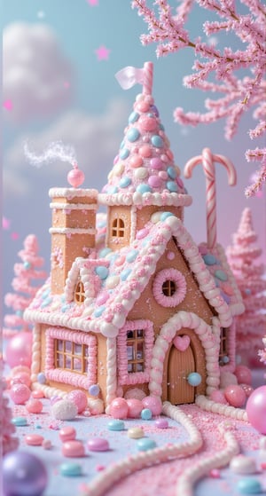 "A whimsical house built entirely out of candy and sweets, with gingerbread walls, candy cane-framed windows, and a gumdrop-covered roof. The scene is set in soft pastel colors like pink, light blue, and lavender, creating a magical, dreamlike atmosphere where everything looks edible and delicious."