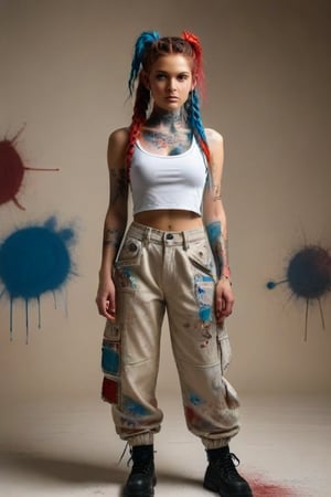 A young woman with a futuristic punk appearance is standing confidently against a light beige background. She has colorful braided hair, primarily red and blue. She is wearing a white crop top with paint splatters, loose-fitting pants adorned with vibrant patches and des
