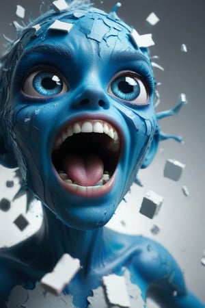 Create an image of a three-dimensional animated character with vibrant blue skin breaking through a white surface. The character should have large expressive eyes and an open mouth showing teeth in an excited or surprised expression. Include details such as prominent eyelashes and lighter blue shading around the eyes and mouth to add depth. Ensure that the broken pieces of the surface vary in size and shape, with some appearing to float away to enhance the dynamic effect.
