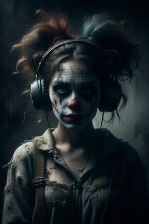 
Creates an image of a mysterious female clown looking at the camera, with obscured facial features, wearing large textured headphones and tattered clothing. The figure should have loose dark hair and be surrounded by subtle dark tones that highlight its silhouette without overwhelming details. Include elements such as wires or cables to add complexity to the composition.