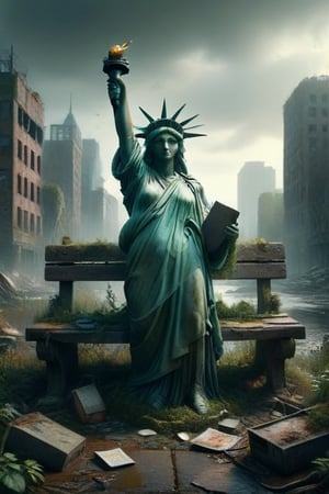 Create an image of a personified Statue of Liberty sitting on a bench amidst an overgrown, post-apocalyptic cityscape. The statue should have human-like proportions and be holding typical human items like food or drink to emphasize its personification. Include details such as dilapidated buildings, overgrown vegetation, scattered debris, and graffiti to convey abandonment and nature reclaiming civilization. Use muted colors for the surroundings but maintain the iconic green hue for the Statue of Liberty for contrast. Add subtle hints of life like birds or other animals to give depth to this new world scenario.
