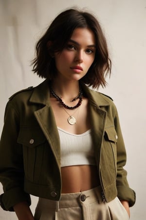 Create an image that features an individual in a layered fashion outfit consisting of an olive green jacket with red inner lining over a white crop top paired with beige pants, accessorized with a black necklace with pendants. Incorporate strong sunlight that casts dynamic shadows on and around the subject against a simple background to highlight the textures and details of each garment while maintaining warm, natural color tones throughout.