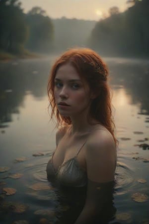 Contemporary oil painting, Red-haired young woman with enigmatic expression, {{{Emerging from a misty lake at dawn}}}, Style that fuses realism and symbolism, Inspired by John William Waterhouse and Gustav Klimt, Diffuse background with pastel and gold tones of the sunrise, Soft and ethereal brushstrokes, Play of lights and reflections in the water creating a mystical atmosphere, Complete shot, Focus on natural beauty and the connection with the environment, Subtle contrast between the warmth of the hair and the cold tones of the water, Highly detailed with subtly integrated symbolic elements, poetic and evocative overall appearance