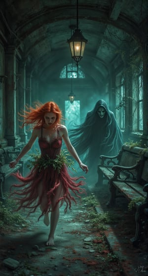 A young red-haired woman dressed as a nymph, with a flowing dress and natural details such as leaves and flowers, runs scared through an old, dark, abandoned train station. An evil ghost chases her, with a menacing expression and shadows stretching behind him. The environment is gloomy and sombre, with flickering lights and old benches creating an eerie atmosphere. The image uses a triad of colours in harmony: maroon on the nymph's dress, dark green tones on the natural elements and deep blue on the ghost, all contrasting with the gloomy surroundings of the train station. A dim, cold light highlights the frightening details, creating a scene full of mystery and tension.