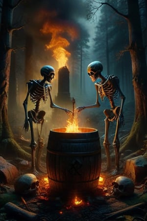 Create an image featuring three skeletons in an eerie forest at night; one standing and pouring liquid from a barrel onto its head with flames emerging from the skull; another kneeling while presenting its own skull; and a third holding a cross gravestone marker. Use vibrant orange and yellow for the flames to contrast against the dark blues and greens of the forest backdrop, highlighting detailed bone structures and shadows for dramatic effect.
