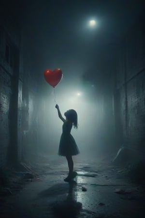 Create an artwork featuring a young girl in a turquoise dress reaching for a red heart-shaped balloon against a dark night-time backdrop. Include an element of street art by adding a monochromatic graffiti depiction of the same scene on a wall behind her, with paint drips coming from the heart balloon to add depth and emotion to the piece.
