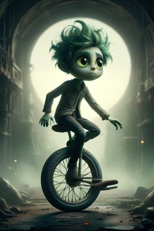 Create an image of a stylized character with one oversized green eye and sparse hair on top, riding an intricately designed metal unicycle. The background should have a gradient from dark to light, resembling an open space or sky.
