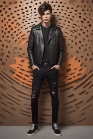 Create an image of an individual with obscured facial features for privacy, holding a guitar with a natural wood finish. This individual is styled in a black leather jacket and black pants featuring a ripped design on the right leg. They are set against an abstract backdrop with warm brown and orange tones that give the impression of movement or soft focus.
