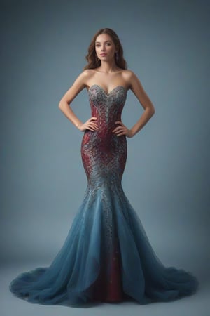 Create an image of an elegant strapless mermaid dress with a sweetheart neckline and details with intricate silver-white embroidery and beading on the bodice. The dress should have gathered layers of deep red fabric from mid-thigh to the floor, embellished with sparkling crystals or rhinestones. Place it on a((( textured blue background that contrasts beautifully with the colors of the dress.)))