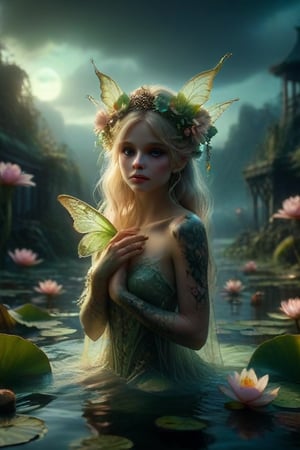 Create an enchanting scene featuring a blonde-haired fairy with delicate wings and floral tattoos on her arms, wearing intricate headpieces and sheer lace garments. Include in this magical setting an oversized green frog perched on her hand amidst glowing lotus flowers floating on tranquil waters under a twilight sky.
