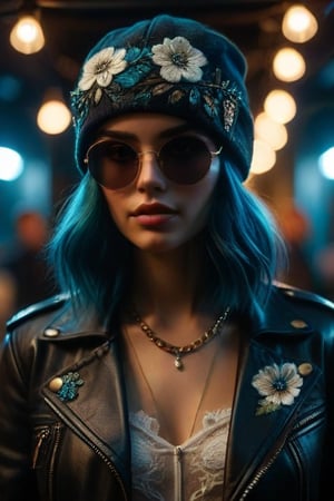 Create an image of an individual wearing a detailed black leather jacket with white floral embroidery and gold chain accents. Include a dark blue beanie hat adorned with a blue flower on the head, and style the hair in shades of blue and teal to peek out from under the hat. Set this against a backdrop of warm bokeh lights to convey an indoor setting with artificial lighting.
