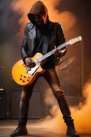 Create an image of a musician with obscured features for anonymity, holding a brown hollow-body electric guitar against an abstract smoky background in warm tones of orange, yellow, and brown. The musician wears a black leather jacket and ripped black pants, conveying an edgy aesthetic.
