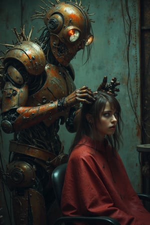 "A hairdressing robot scarecrow, cutting a young woman's hair, in a gloomy environment with maroon and olive green colors.",

"style": "Dark and gloomy style",
"technique": "Use of expressive and dynamic brush strokes, with a focus on texture and lighting.",
"colors": "Maroon and olive green colors, with a color palette: Maroon, Olive Green, Dark Blue, Black",
"details": "The hairdressing robot scarecrow has a mechanical and robotic appearance, with lights and screens flashing on its body. The young woman has an expression of anxiety and fear, while the hairdressing robot scarecrow has an expression of concentration and precision. The environment is gloomy and dark, with shadows creating an effect of mystery and tension.",
"lighting": "The lighting is dramatic and expressive, with lights and shadows highlighting the figure of the hairdressing robot scarecrow and the atmosphere gloomy. The maroon and olive green colours create an effect of complementarity and harmony."