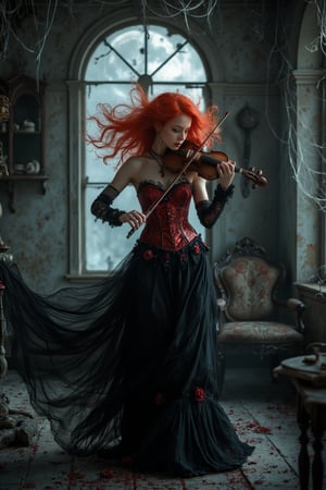 The image depicts a young red-haired witch, standing gracefully in the center of a dark, haunted house. She is playing a violin with intense emotion, her fiery hair flowing as she performs. She is dressed in a striking outfit, a combination of a red corset and a black flowing skirt, with intricate lace details adding a gothic touch. The haunted house around her is dilapidated, with broken furniture, cracked walls, and cobwebs hanging from the ceiling. The lighting is eerie, casting deep shadows around her and reflecting on the polished surface of the violin. The moonlight filtering through the shattered windows adds a silver glow to the scene, while the color palette focuses on deep reds, blacks, and muted grays to heighten the atmosphere of darkness and mystery.
