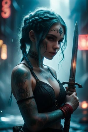 Create an image of a character with teal braids holding a sword with a detailed red and black hilt. Include tattoos on the arm and a red bracelet to signify strength and mystery. Set against an ethereal blue glowing background with digital bokeh effects for a mystical or cybernetic ambiance. Ensure the face remains obscured for an air of intrigue.
