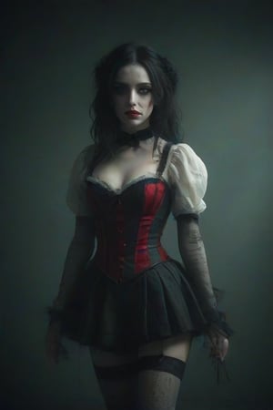 "A disturbing digital artwork of a sensual and very sexy young woman puppet dressed as a harlequin. The young woman is feminine with long black hair, pale skin, dramatic makeup with red lips and dark eyes. She wears a tight black corset and a short black and white checkered skirt and red and white striped stockings on one leg. Her pose is unnatural, with her limbs bent at strange angles as if controlled by invisible threads. The background is dark green and black, with faint vertical lines suggesting puppet strings. Focusing on the young woman puppet and creating strong contrasts, the overall atmosphere is disturbing and disturbing, mixing elements of circus, gothic and horror aesthetics.
