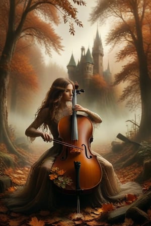 Create an image of an individual with long, wavy hair blending into an autumnal forest background while playing a cello. Include details such as leaves in shades of brown, orange, and green fluttering around and a distant castle-like structure emerging through the mist. The individual's attire should have textured patterns that complement the natural surroundings.
