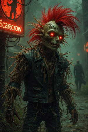 "A Punk scarecrow in a spooky environment with maroon and olive green colors", in the background a sign (((with the "Scarecrow" logo))) "style": "Punk style and rebellion", "technique": "Use of expressive and dynamic brush strokes, with a focus on texture and lighting.", "colors": "Dark and vibrant colors, with a color palette: maroon, olive green", "details": "The scarecrow has a rebellious and defiant appearance, with a Mohawk hairstyle and a black leather suit. The atmosphere is intense and energetic, with a fast and constant rhythm that characterizes punk music.", "lighting": "The lighting is dramatic and expressive, with lights and shadows that highlight the figure of the scarecrow and the atmosphere. spooky."