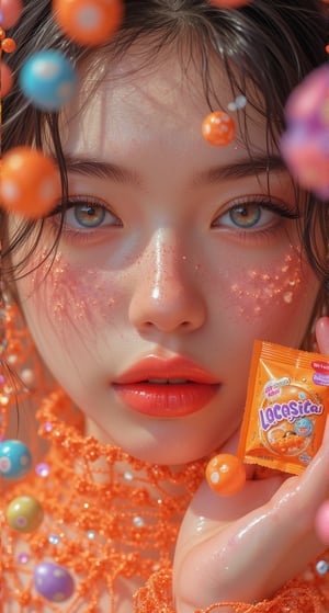 A striking portrait of a young woman with an intense yet sweet gaze. She is surrounded by colorful Lacasito candies in a dreamy setting. The color palette features pastel shades of orange and purple, creating a whimsical and surreal atmosphere. The woman's expression conveys a blend of warmth and intrigue, while the candies add a playful and vibrant touch to the composition.
