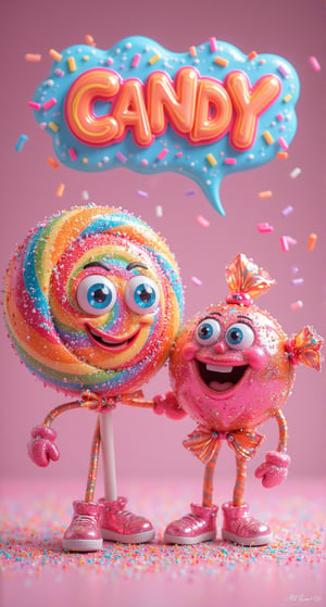 "A playful, humanoid lollipop with a round, colorful head, big expressive eyes, and a sweet smile. The lollipop character is accompanied by a humanoid candy figure, both in vibrant, glossy colors. The candy figure has a shiny wrapper forming its body, and they stand together in a joyful pose, radiating a sense of sweetness and fun. Above them, a bright and playful logo that reads 'CANDY' is displayed in a bold, candy-themed font, enhancing the sugary atmosphere of the scene."
