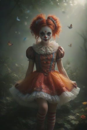 Create an image of a whimsical clown character adorned in vibrant attire featuring shades of red, white, and blue. Include details such as a ruffled collar, striped stockings, heart-patterned tutu skirt, and face paint that accentuates the playful nature of the character. Embellish the scene with elements like floral hair accessories and fluttering butterflies against a gradient backdrop that seamlessly blends from sunny yellow to deep orange to rich red tones.
