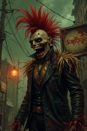 "A Punk scarecrow in a spooky environment with maroon and olive green colors", in the background a sign (((with the "Scarecrow" logo))) "style": "Punk style and rebellion", "technique": "Use of expressive and dynamic brush strokes, with a focus on texture and lighting.", "colors": "Dark and vibrant colors, with a color palette: maroon, olive green", "details": "The scarecrow has a rebellious and defiant appearance, with a Mohawk hairstyle and a black leather suit. The atmosphere is intense and energetic, with a fast and constant rhythm that characterizes punk music.", "lighting": "The lighting is dramatic and expressive, with lights and shadows that highlight the figure of the scarecrow and the atmosphere. spooky."