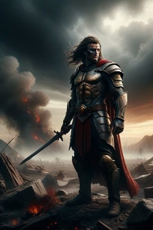Create an image of an ancient warrior standing on a battlefield after a fight. Looking at the camera, the warrior should be adorned in detailed armor that includes metallic and leather elements with shades of brown, gray, and gold accents. Include a loose red cape or cloth to suggest movement and make sure the hair is black and appears windswept. The background should have smoky skies indicating recent combat with debris scattered everywhere, all in earth tones with red as a contrast color for dramatic effect.
