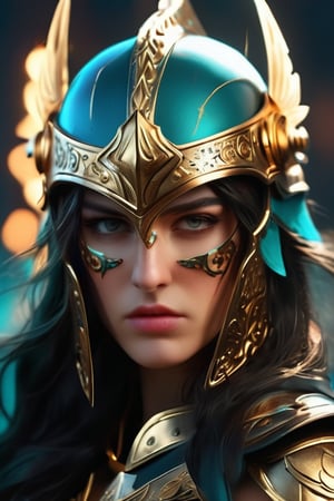 Close-up of fierce female warrior, ornate Greek helmet, black with gold details, bloodstained. Intense eyes visible through helmet opening, slightly bloodied lips. Dramatic lighting, teal background with flying sparks and light flashes. Hyper-realistic digital art style, battle atmosphere.