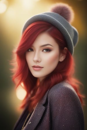 Create an image that shows a person with wet red hair and a bright outfit consisting of a hat and a garment adorned with star-shaped speckles under soft lighting that creates an ethereal bokeh effect in the background. Include intricate details, like a leaf-shaped pendant necklace, and make sure the colors are true to life with deep reds and luminous highlights.