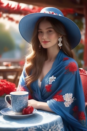 Create an illustration of an individual sitting at a table wearing a wide-brimmed red hat with floral patterns and white accents, draped in an intricately designed blue shawl with red and white flowers. The setting is cozy with warm lighting, reminiscent of a café or home interior with wooden elements. Include a cup of tea or coffee on the table to complete the scene.
