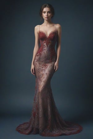 Create an image of an elegant mermaid-style dress with a fitted bodice adorned with red and white floral embroidery that cascades to the hip area. Next, have the dress flare dramatically in layers of delicate white lace or tulle, contrasting with the deep red of the top of the dress. Place it on a (((deep blue background to enhance the vibrancy of the colors and details of the dress design in hard light)))