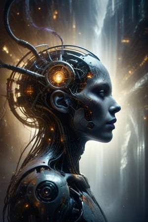 A figure stands at the crossroads of humanity and machinery, a side profile revealing the duality of existence. The human side is adorned with hair cascading in a waterfall of golds and ambers, each strand capturing the essence of life's vibrant dance. The mechanical side is a symphony of technology, with shades of gray and silver that gleam under the light, punctuated by the subtle blues and purples of a distant nebula. This cyborg exists in a space where the gradient of darkness to light mirrors the spectrum of their being, surrounded by swirls that echo the eternal flow between the organic and the engineered.
