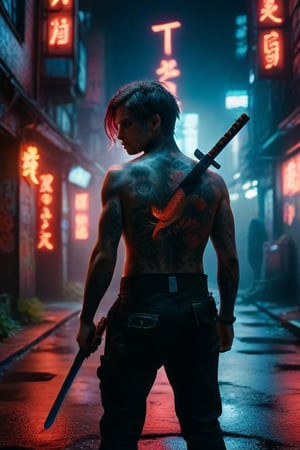 Create an image of a tattooed individual from the back view holding a katana over their shoulder in an urban alleyway setting with neon signage, emphasizing the cyberpunk atmosphere through red and blue color tones. Include intricate tattoo designs such as koi fish and floral patterns on the individual's skin, and have them wear low-rise black pants with a visible belt.
