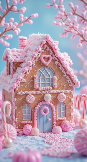 "A whimsical house built entirely out of candy and sweets, with gingerbread walls, candy cane-framed windows, and a gumdrop-covered roof. The scene is set in soft pastel colors like pink, light blue, and lavender, creating a magical, dreamlike atmosphere where everything looks edible and delicious."