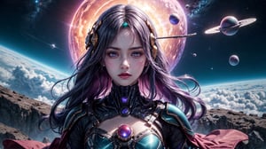 A girl bathing in space and touching a black hole with bare hands, dramatic, stars, floating in space, random view, red cyberspace suit, evil expression, frown, hot sexy body hourglass shape, doing some action, red cloths, blue cloths, green cloths, yellow cloths, purple cloths, cinematic 8k realistic shot,1 girl,mechanical parts,raidenshogundef,mecha,DonMC3l3st14l3xpl0r3rsXL,raidenshogunrnd