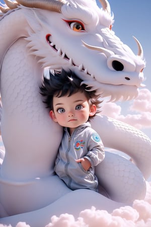 solo, short hair, black hair, red eyes, 1boy, closed mouth, male focus, horns, chibi, aged down, child, dragon, male child,photorealistic