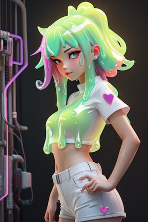 a woman with colorful hair poses for a photo, cyberpunk art, inspired by Yanjun Cheng, 3D rendering of a cute anime girl, dripping slime, clothing (slime), fluorescent skin. heart pose with hands