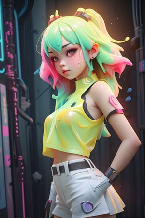 a woman with colorful hair poses for a photo, cyberpunk art, inspired by Yanjun Cheng, 3D rendering of a cute anime girl, dripping goo, realistic clothing, fluorescent skin. heart pose with hands, 
