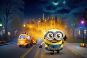 Masterpiece, high quality digital image featuring a costumed Minion on an illuminated street, Halloween theme, creating an aura of wonder and mystery at night, perfect light