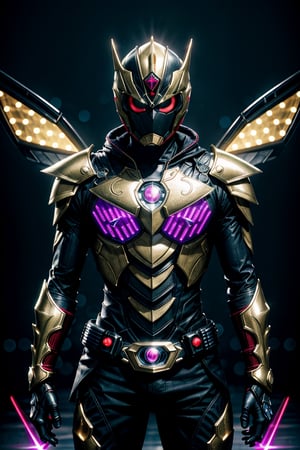 Insane details, best quality, high resolution, 8k, realistic, sharp focus, (hyperdetailed:1.4), high contrast, (hdr:1.6), Lenkaizm, photorealistic image inspired by Kamen rider Kuuga mixed with Kamen rider agito and Kamen rider hibiki and Kamen rider blade, evil smile, buff muscular body, futuristic gold and red thick armor suit, glowing body part, glowing weapon laser canon, light reflection, vivid colors, glittery light, bokeh,  blurry_light_background,Movie Still, neon light on armor ,Mechanical part,