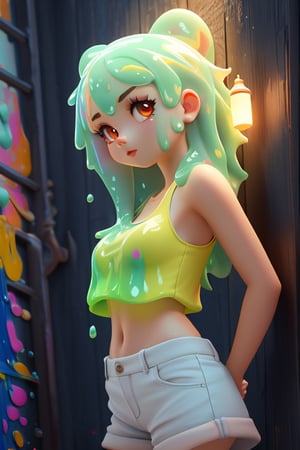 Top quality, Masterpiece, high resolution, 8K,(Paint splashes), colorful color of the glow, lamplight, the girl, Look at the camera, Slime Girl, Flowing tank top shorts, Against the wall, big round eyes, Cutes, 
,3DMM