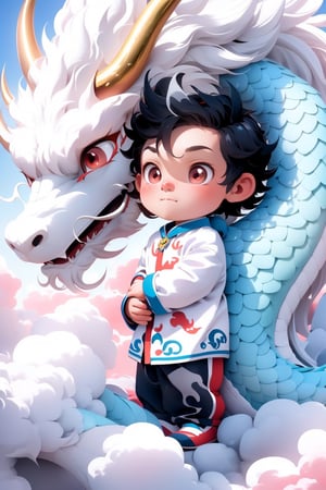 solo, short hair, black hair, red eyes, 1boy, closed mouth, male focus, horns, chibi, aged down, child, dragon, male child,insertNameHere