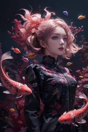 photo RAW, (fuchsia, neon pink and magenta : Portrait of 2 ghostly long tailed black koi, woman, shiny aura, highly detailed, black pearls, gold and coral filigree, intricate motifs, organic tracery, Kiernan Shipka, Januz Miralles, Hikari Shimoda, glowing stardust by W. Zelmer, perfect composition, smooth, sharp focus, sparkling particles, lively coral reef colored background Realistic, realism, hd, 35mm photograph, 8k), masterpiece, award winning photography, natural light, perfect composition, high detail, hyper realistic