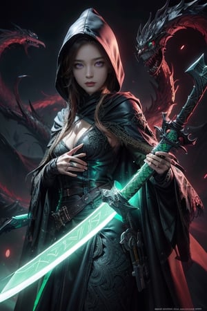 masterpiece, intricate details. High quality, realistic. a close up of a specter with a green sword, concept art, inspired by Aleksi Briclot, reminded me of the grim reaper, glowing green eyes, high definition anime art, evil pose, high definition illustrations, anton fadeev and dan mumford